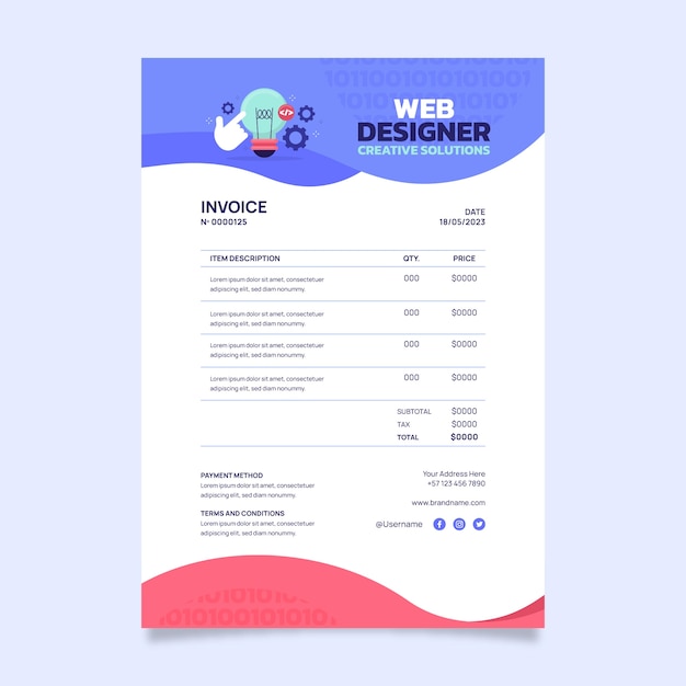 Vecteur gratuit modèle de facture de concepteur web design plat