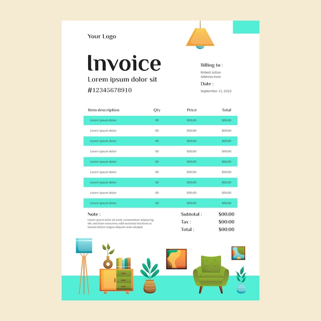 Vecteur gratuit modèle de facture de design d'intérieur dégradé et de décoration intérieure
