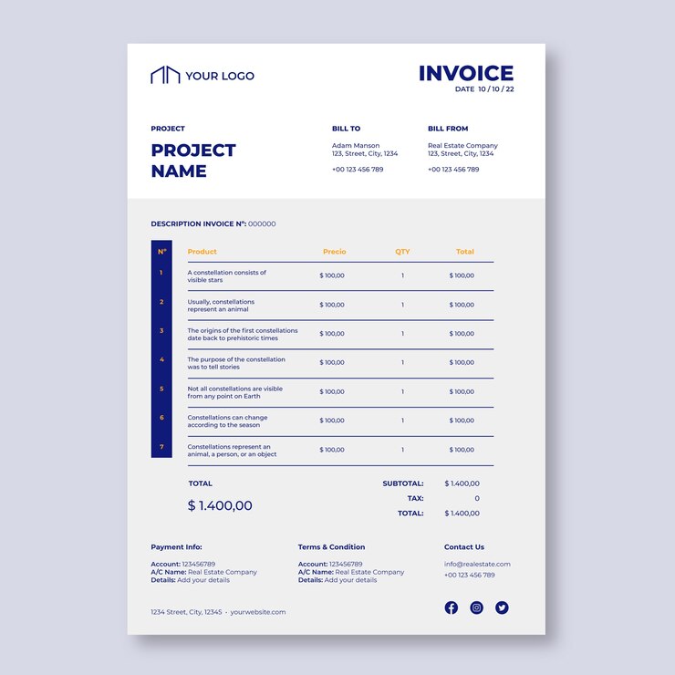 Vecteur gratuit modèle de facture immobilière professionnelle