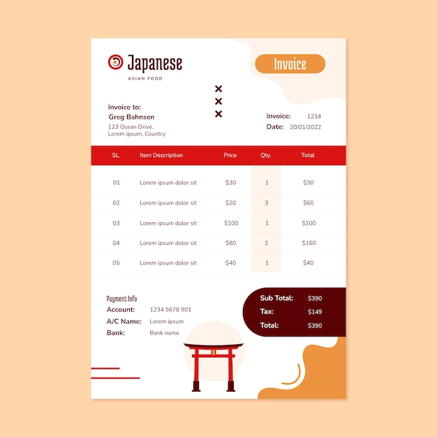 Vecteur gratuit modèle de facture minimale de restaurant japonais