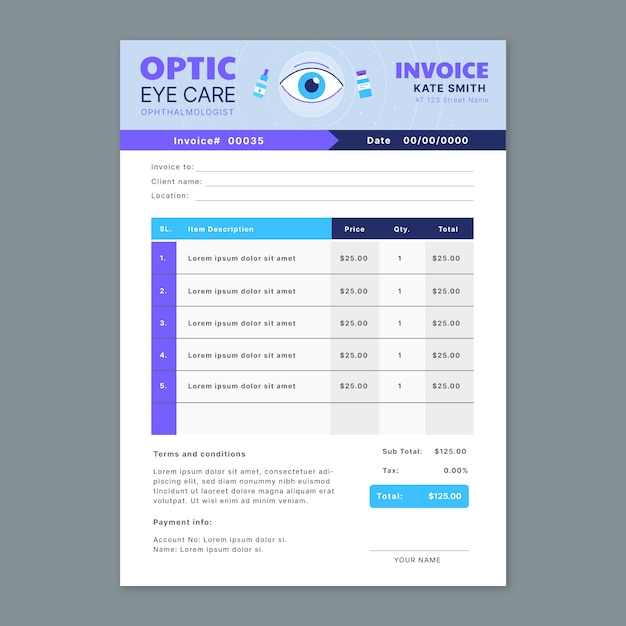 Vecteur gratuit modèle de facture d'ophtalmologiste plat