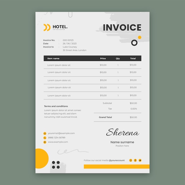 Vecteur gratuit modèle de facture plate pour l'hébergement à l'hôtel