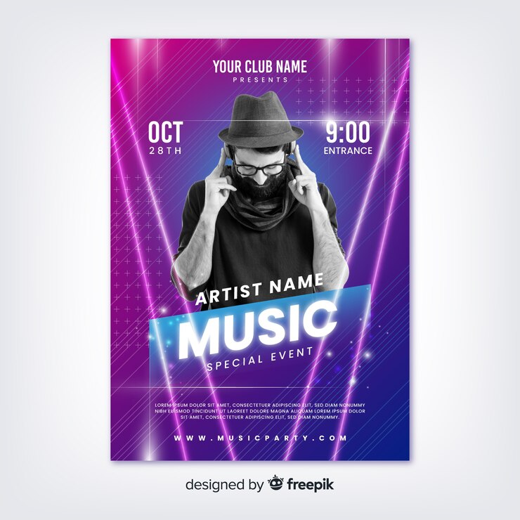 Vecteur gratuit modèle de festival de musique abstraite avec photo