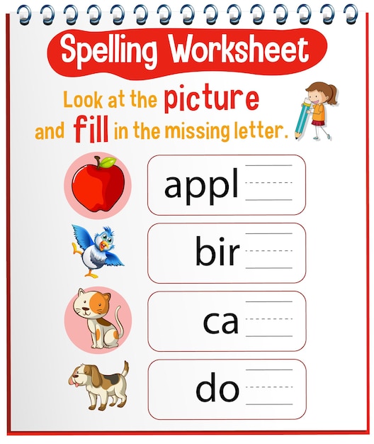 Modèle de feuille d'orthographe pour les enfants