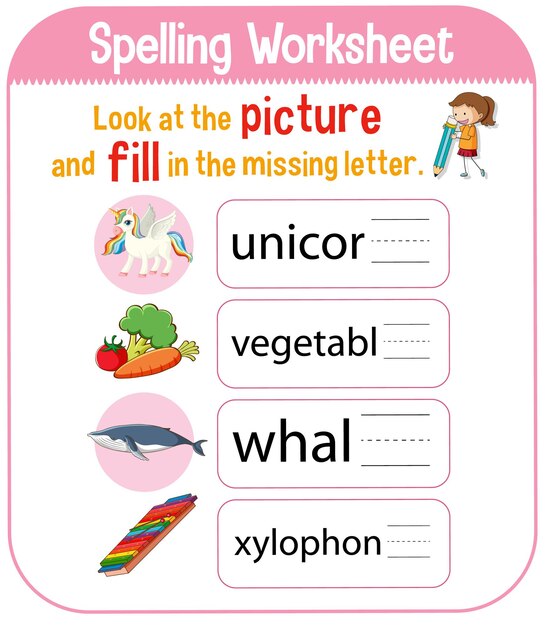 Modèle de feuille d'orthographe pour les enfants