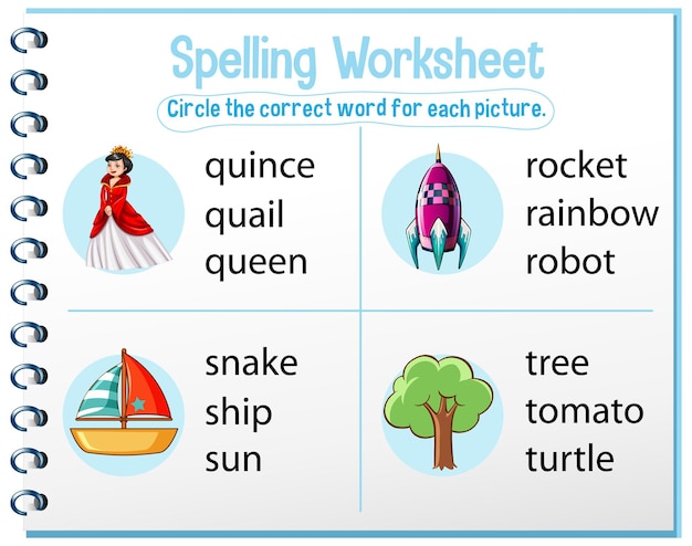 Vecteur gratuit modèle de feuille d'orthographe pour les enfants