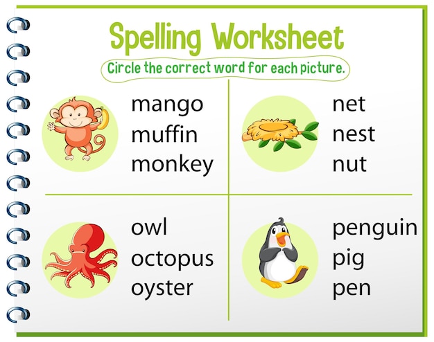 Vecteur gratuit modèle de feuille d'orthographe pour les enfants