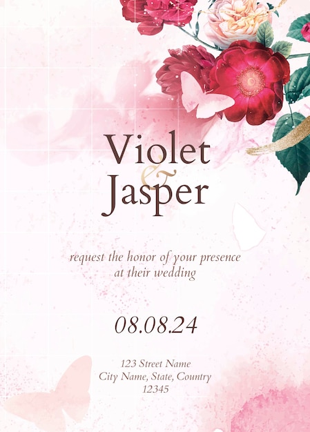 Modèle floral d'invitation de mariage, vecteur de conception esthétique, remixé à partir d'images vintage du domaine public