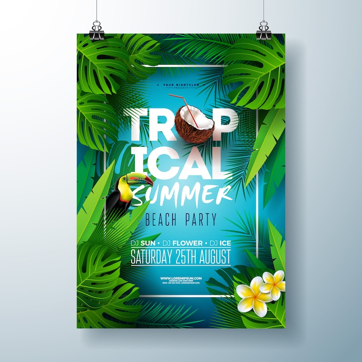 Vecteur gratuit modèle de flyer ou d&#39;affiche fête de l&#39;été tropical beach design avec oiseau fleur, noix de coco et toucan