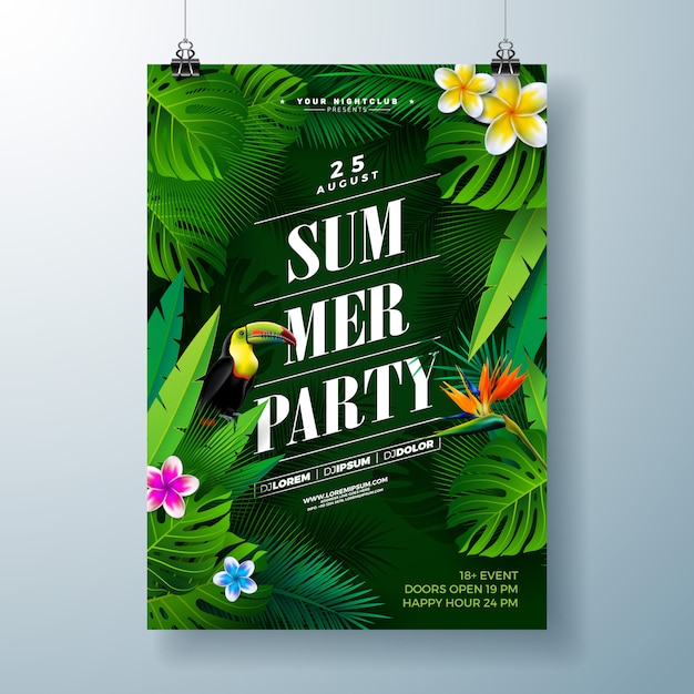 Modèle de flyer ou affiche Party Summer Design avec des feuilles de palmier tropical et de fleur