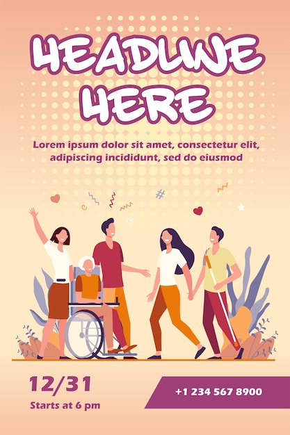 Vecteur gratuit modèle de flyer d'aide et de diversité pour les personnes handicapées