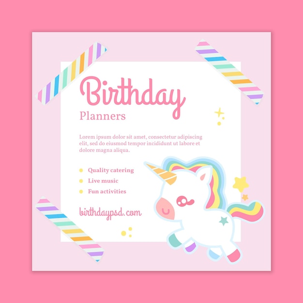 Vecteur gratuit modèle de flyer carré anniversaire pour enfants licorne