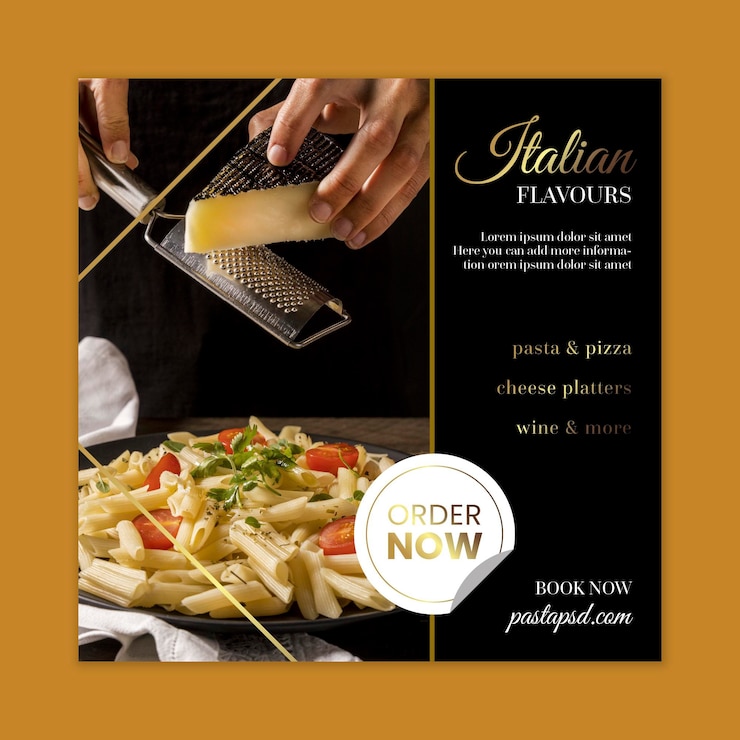 Vecteur gratuit modèle de flyer carré de cuisine italienne de luxe