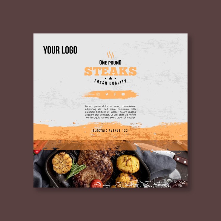 Vecteur gratuit modèle de flyer carré steak et pommes de terre