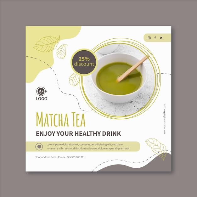 Vecteur gratuit modèle de flyer carré de thé matcha