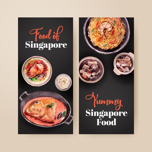 Modèle de flyer avec concept de cuisine de Singapour, style aquarelle