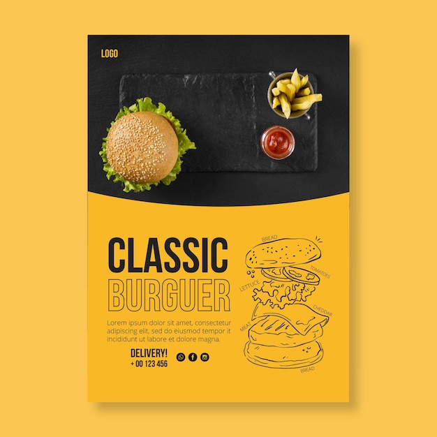 Vecteur gratuit modèle de flyer de cuisine américaine avec photo de hamburger