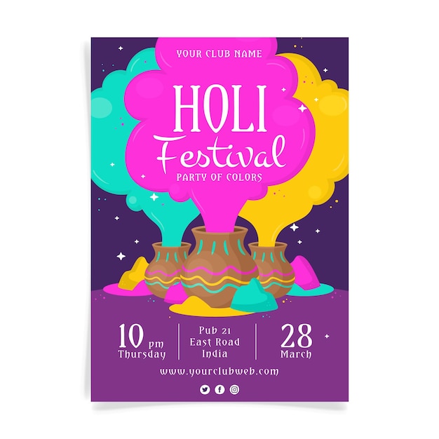 Vecteur gratuit modèle de flyer festival holi dessiné à la main