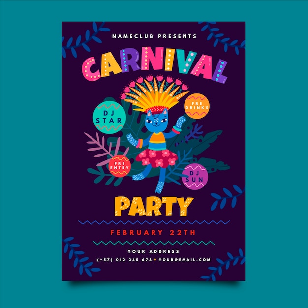 Vecteur gratuit modèle de flyer fête carnaval dessiné à la main