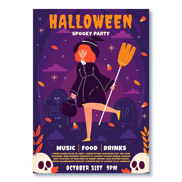 Vecteur gratuit modèle de flyer de fête d'halloween plat vertical dessiné à la main