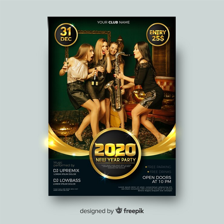 Vecteur gratuit modèle de flyer fête de nouvel an avec photo