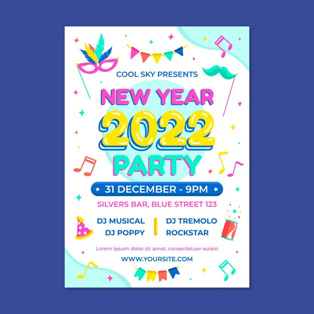 Modèle de flyer de fête de nouvel an plat