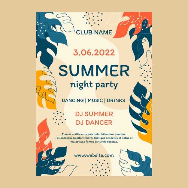 Modèle de flyer de fête de nuit d'été dessiné à la main