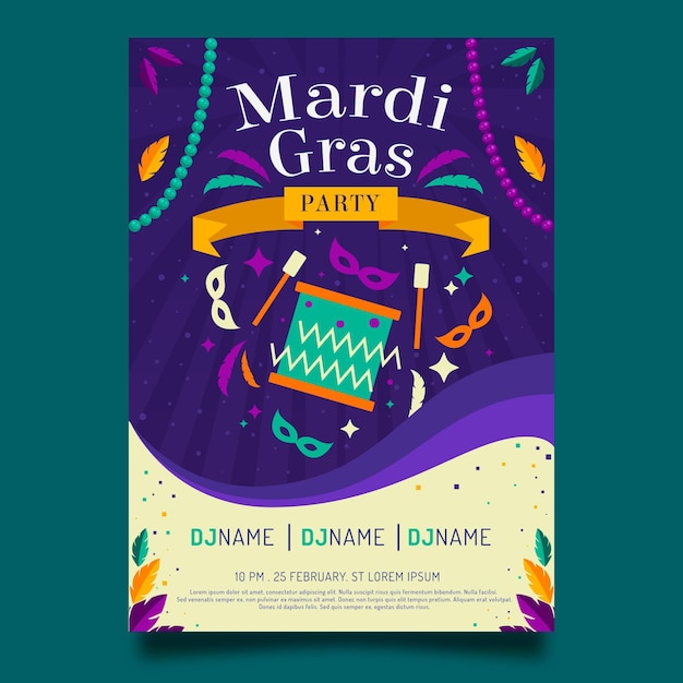 Vecteur gratuit modèle de flyer de mardi gras au design plat