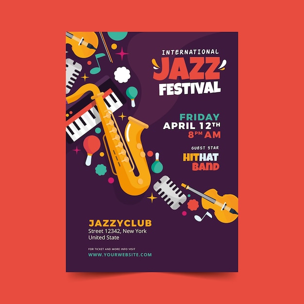Vecteur gratuit modèle de flyer plat international jazz day