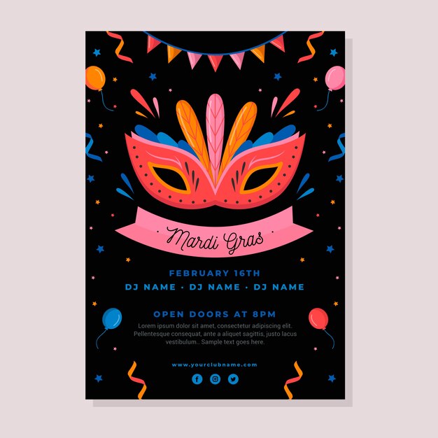 Vecteur gratuit modèle de flyer plat mardi gras