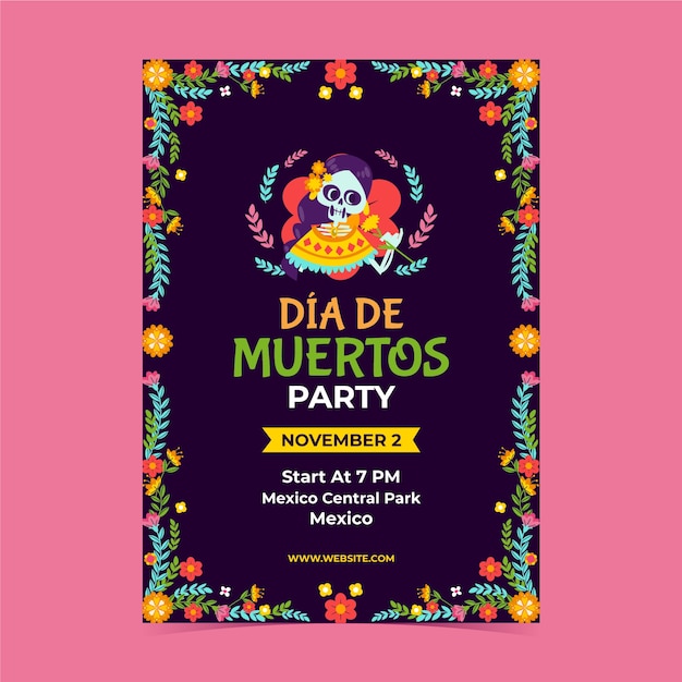 Modèle De Flyer Plat Vertical Célébration Dia De Muertos