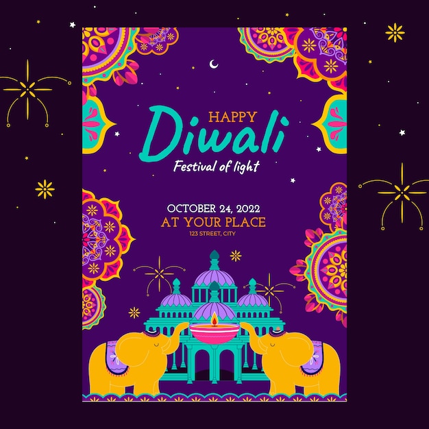 Vecteur gratuit modèle de flyer plat vertical pour la célébration de diwali