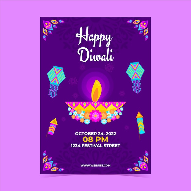 Vecteur gratuit modèle de flyer plat vertical pour la célébration de diwali