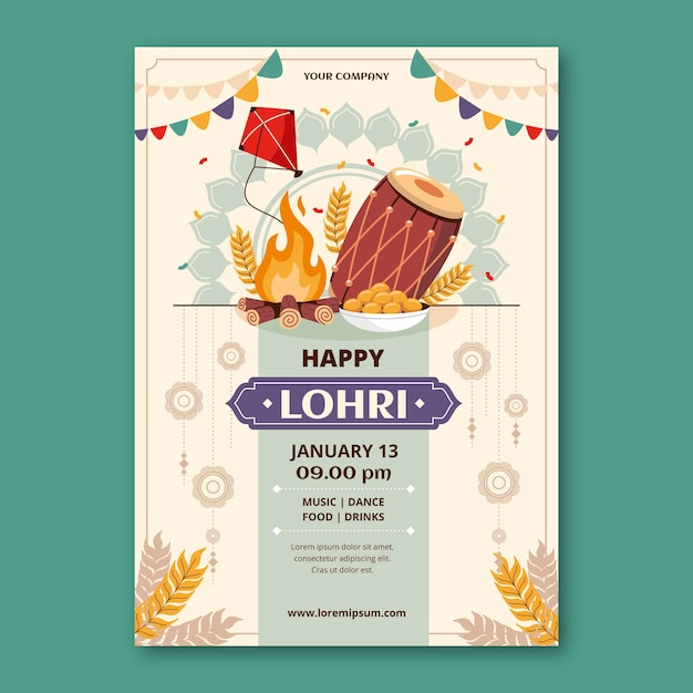 Vecteur gratuit modèle de flyer plat vertical pour la célébration du festival lohri