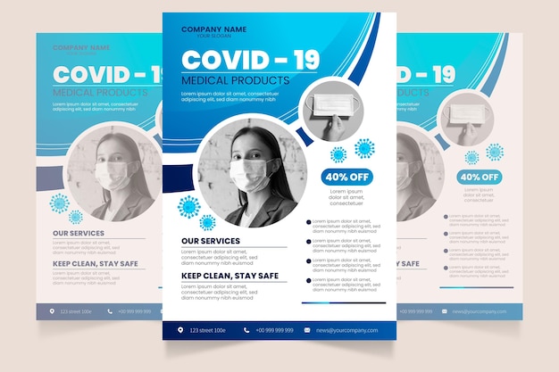 Vecteur gratuit modèle de flyer de produits médicaux de coronavirus design plat avec photo