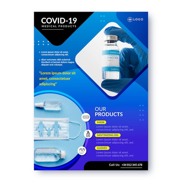 Vecteur gratuit modèle de flyer de produits médicaux de coronavirus avec photo