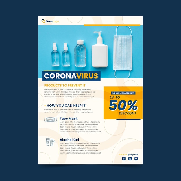 Vecteur gratuit modèle de flyer de produits médicaux de coronavirus plat avec photo