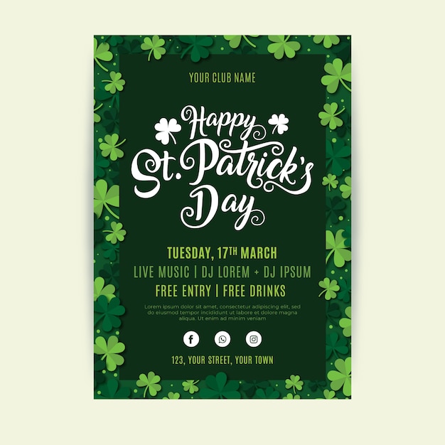 Vecteur gratuit modèle de flyer de la saint patrick au design plat