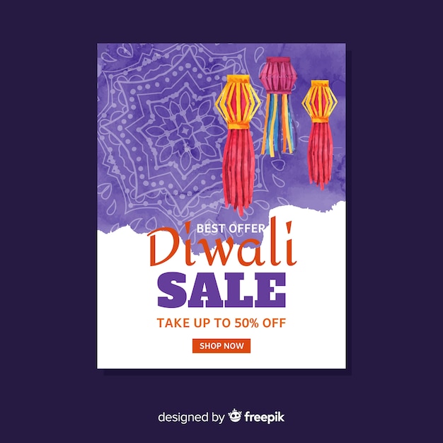 Vecteur gratuit modèle de flyer vente aquarelle diwali