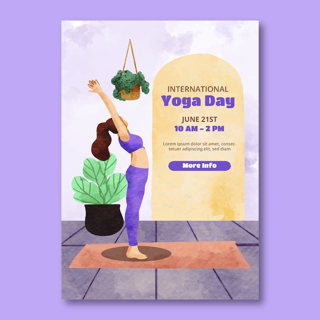 Vecteur gratuit modèle de flyer vertical aquarelle pour la célébration de la journée internationale du yoga