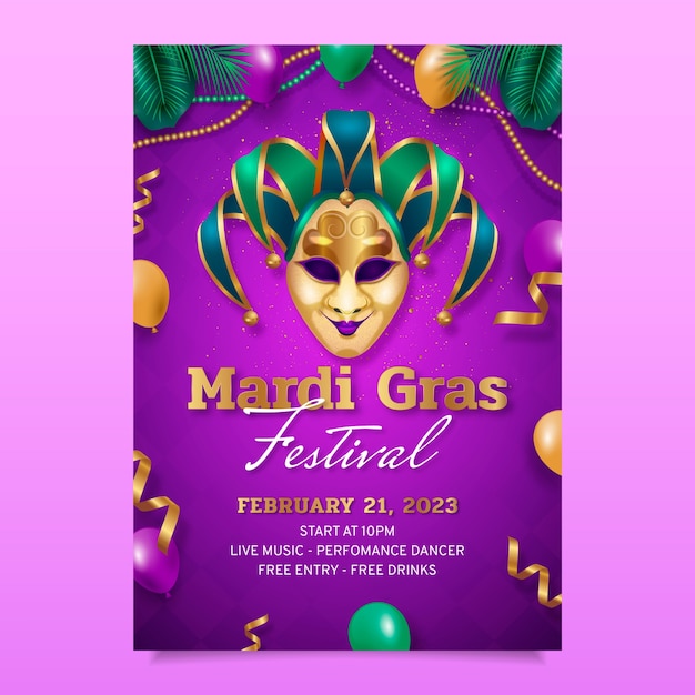 Vecteur gratuit modèle de flyer vertical de célébration de mardi gras réaliste