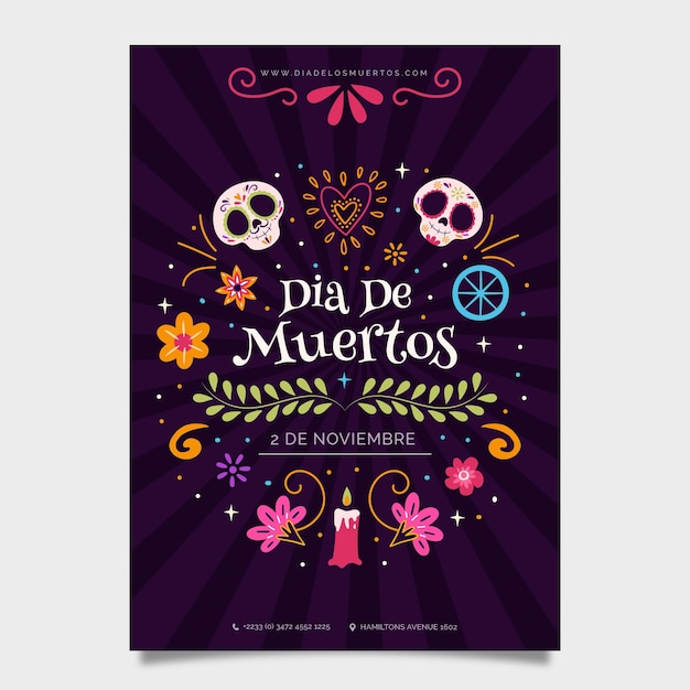 Modèle De Flyer Vertical Dia De Muertos Plat Dessiné à La Main