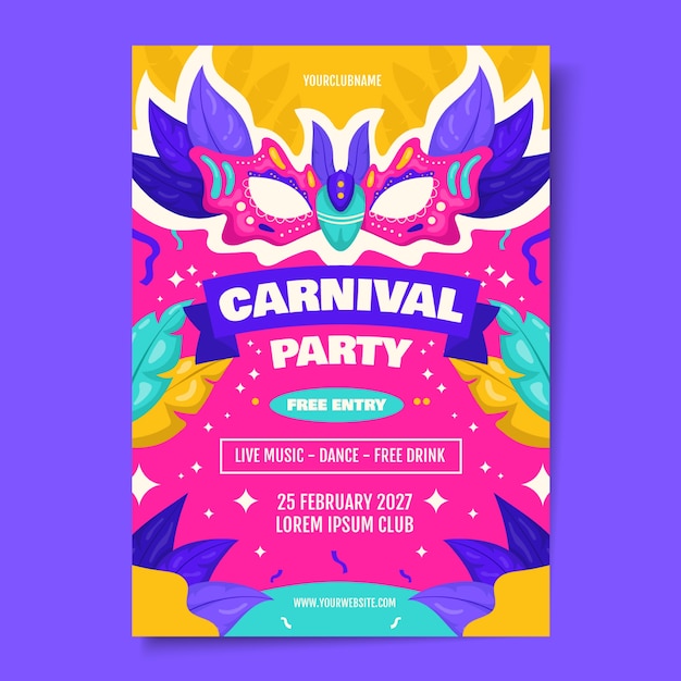 Vecteur gratuit modèle de flyer vertical de fête de carnaval plat