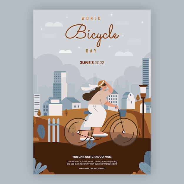 Vecteur gratuit modèle de flyer vertical de la journée mondiale du vélo plat