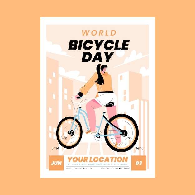 Vecteur gratuit modèle de flyer vertical de la journée mondiale du vélo plat