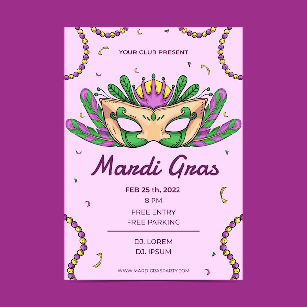 Vecteur gratuit modèle de flyer vertical mardi gras dessiné à la main