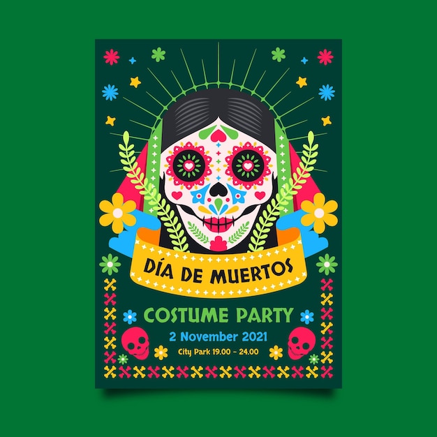 Modèle de flyer vertical plat dia de muertos