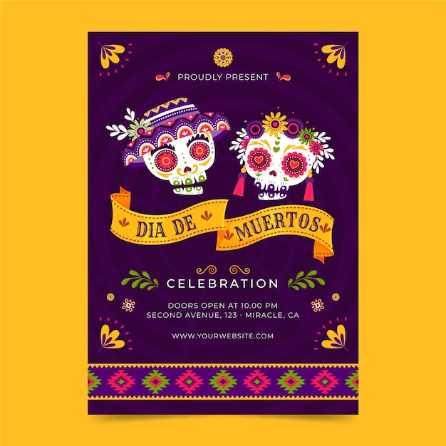 Vecteur gratuit modèle de flyer vertical plat dia de muertos