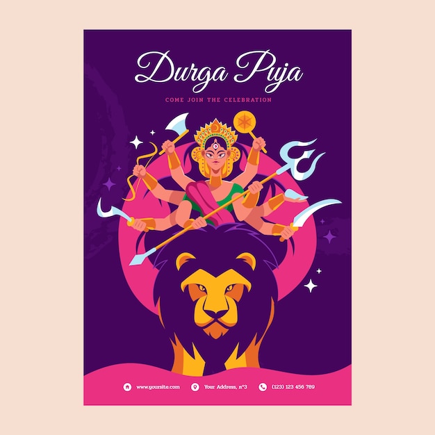 Vecteur gratuit modèle de flyer vertical plat durga puja