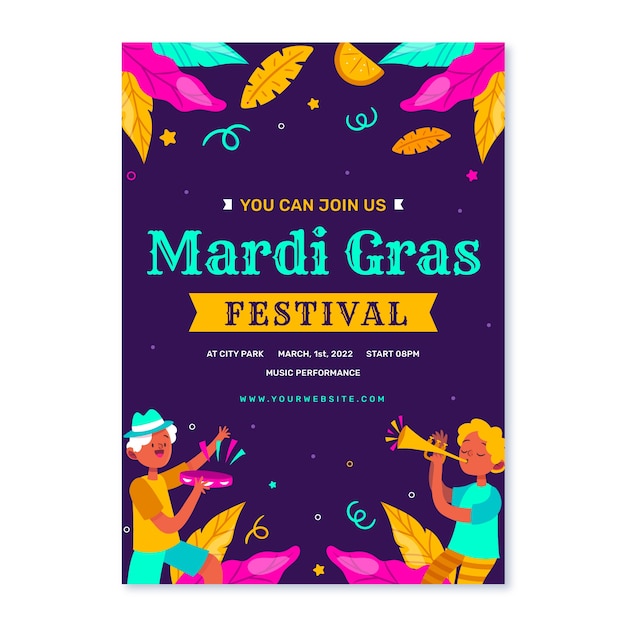 Vecteur gratuit modèle de flyer vertical plat mardi gras